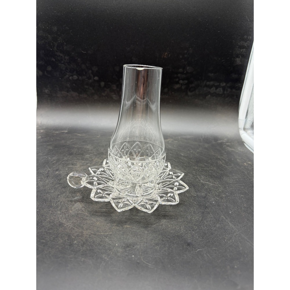 Vintage Clear Pressed Glass Fairy Lamp Starburst Base Diamond Cut Chimney